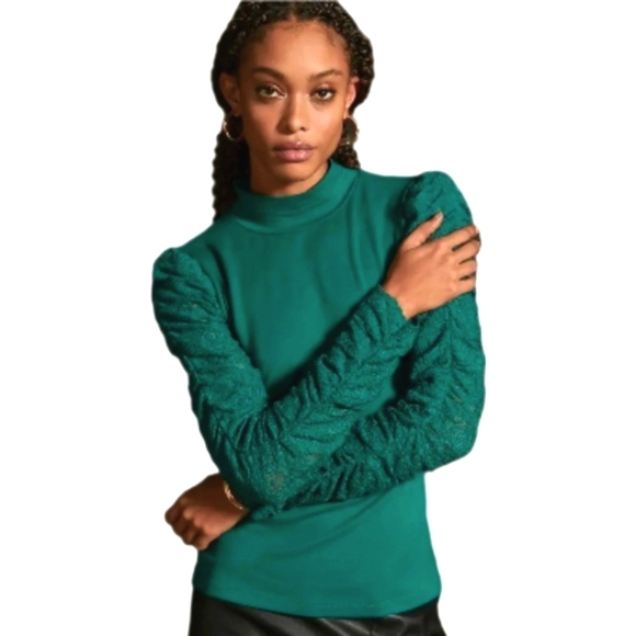 Maeve Mock Turtleneck Top Ruched Lace Long Sleeves Slim Fit Emerald Green- sz L - Picture 1 of 11